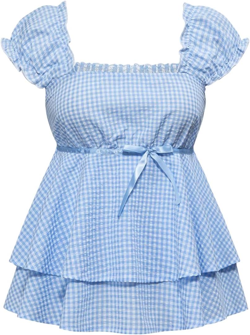 MakeMeChic Women's Y2K Cute Plaid Gingham Cap Sleeve Blouse Square Neck Tiered Ruffle Shirred Tops, M