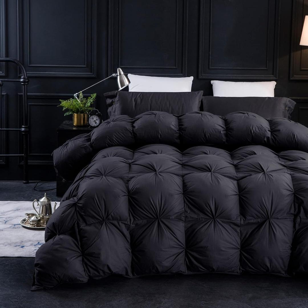 Three Geese Pinch Pleat Waterfowl Feathers and Down Comforter Queen Size Duvet Insert, 1200TC 100% Cotton Fabric, Premium All Seasons BlackGrey Warm Hotel Comforter with 8 Tabs, Size 90x90 Inches 