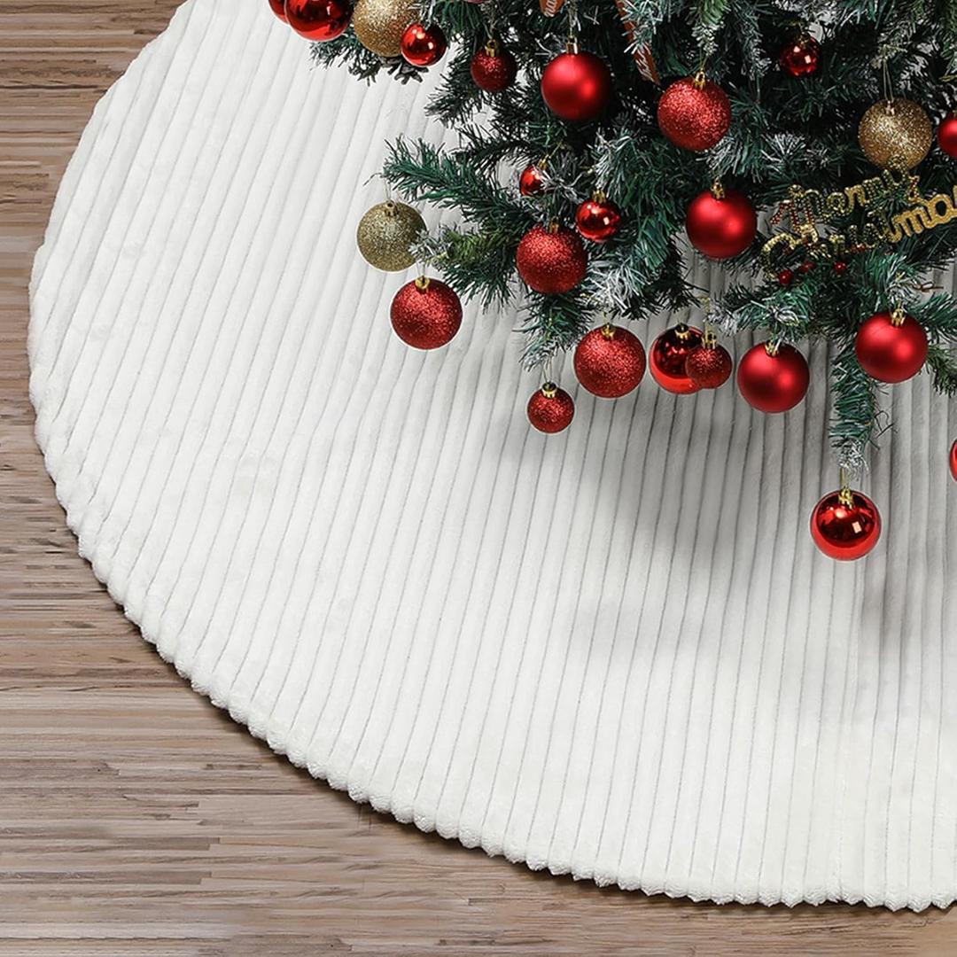 72 Inch Large Faux Fur White Christmas Tree Skirt for 7.5ft to 12ft Tree with Stripe Textured Pattern Soft Beige Boho Luxury Xmas Trees Decorations for Party Home Decor