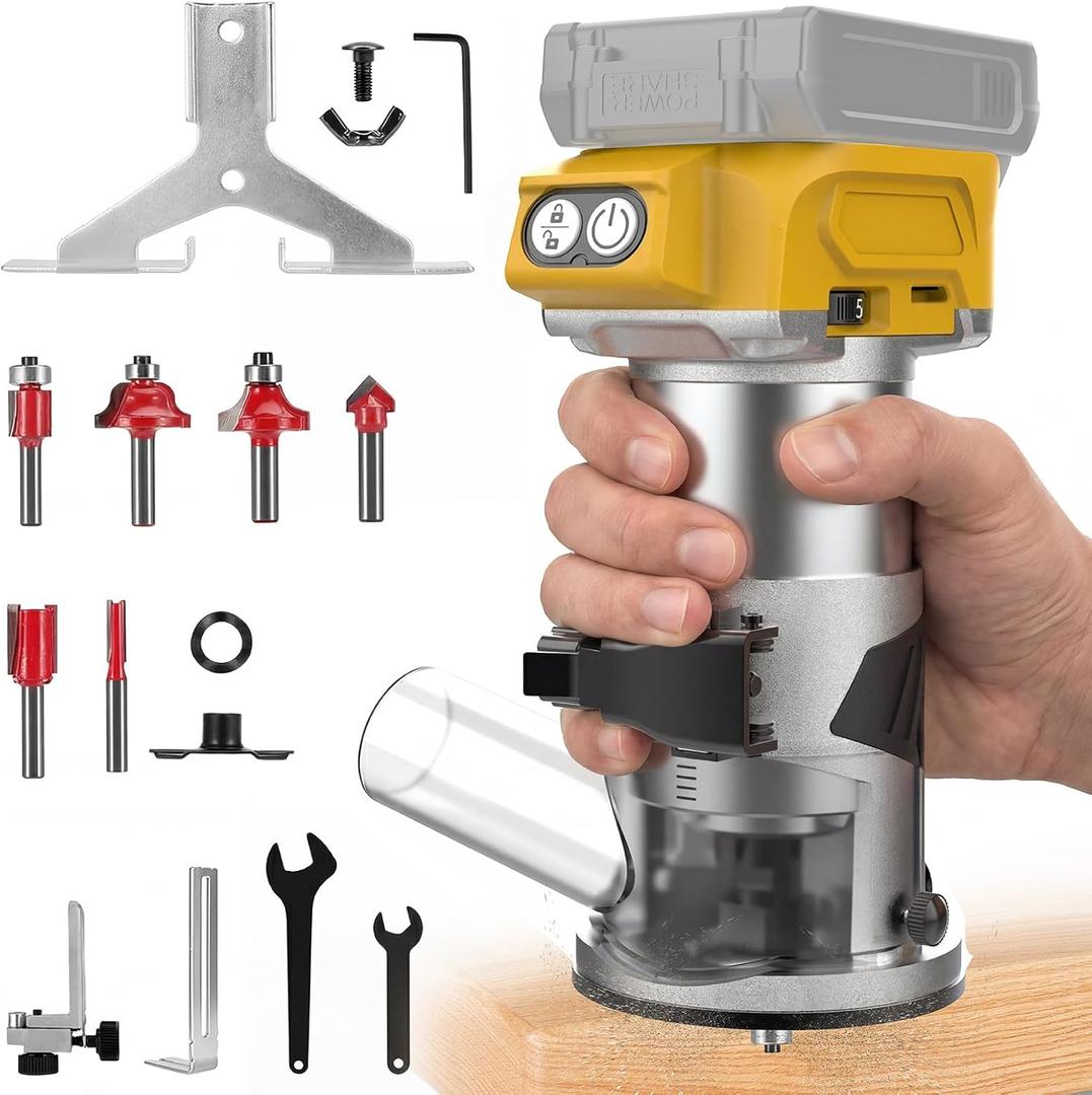 Cordless Compact Router Compatible with Dewalt 20V Max Battery(NO Battery) Brushless Router for Woodworking with Fixed Base Wood Router,5-Speed,Router Bits,Edge/Roller Guide,Dust Hood