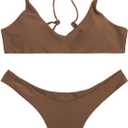 SherryDC Women's Solid Scoop Neck Push Up Padded Brazilian Thong Bikini Swimsuit Bathing Suit (Brown, S)