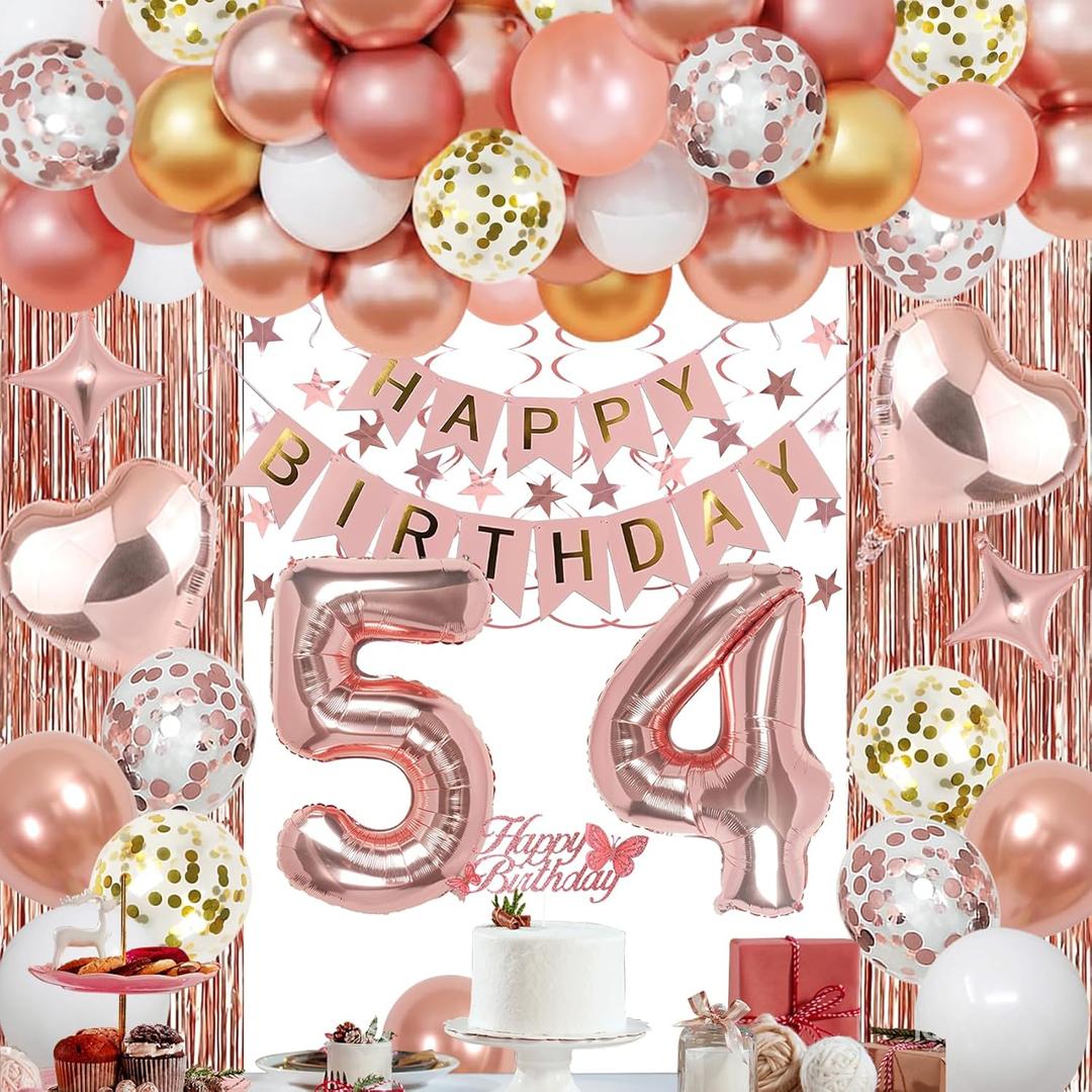 54th Rose Gold Birthday Party Decorations for Women, Rose Gold Happy Birthday Banner, Fringe Curtains, Heart Foil Balloons, Confetti Balloons, Cake Topper for 54th Birthday Decorations