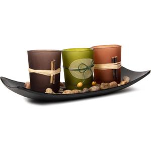 Dawhud Direct Decorative Votive Candle Holders, Vintage Decor Flameless Candlescape Set, 3 LED Tea Light Candles, Rocks and Tray - Fall Table Decor (Earth Tones)