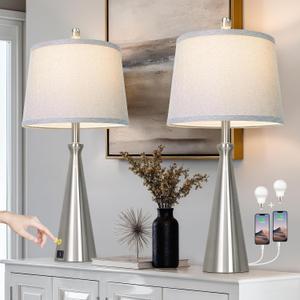 Rinweey 28" Silver Touch Table Lamps Set of 2 with USB A+C Ports, 3-Way Dimmable Bedroom Lamps for Night Stands, Tall Modern Living Room Lamps for End Tables (2 LED Bulbs Included)