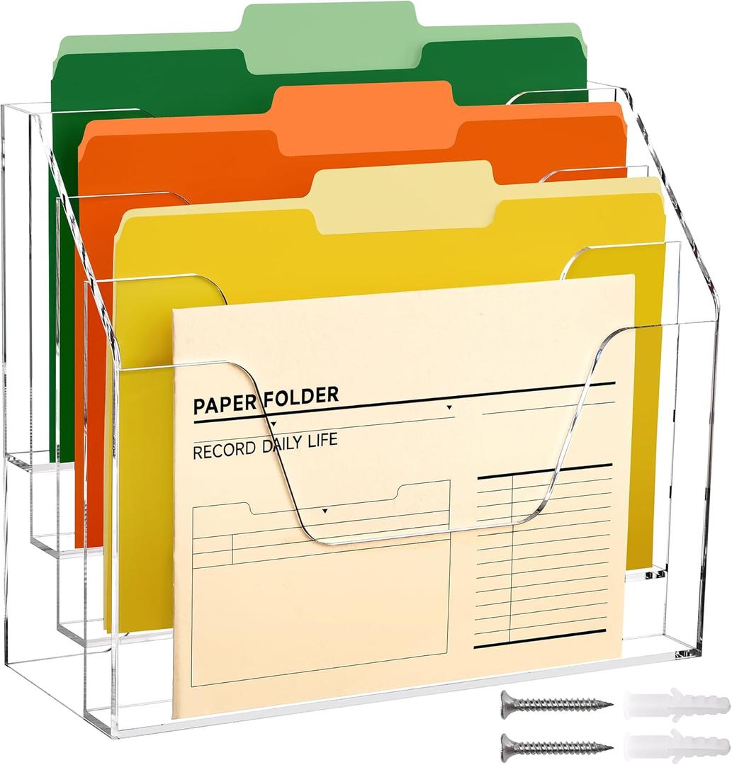 DINGHUO Acrylic Desk File Mail Organizer Wall Mounted, 4-Tier Hanging File Folder Holder, Clear Office Magazine Rack (Adhesive Hooks x 2)