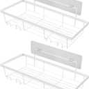 Bathroom Shelf with Towel Hooks Anti-Rust Organizer 2pcs Carbon Steel Shower Caddy Adhesive Tape Installation Hollow Bottom Design Wall-Mounted White