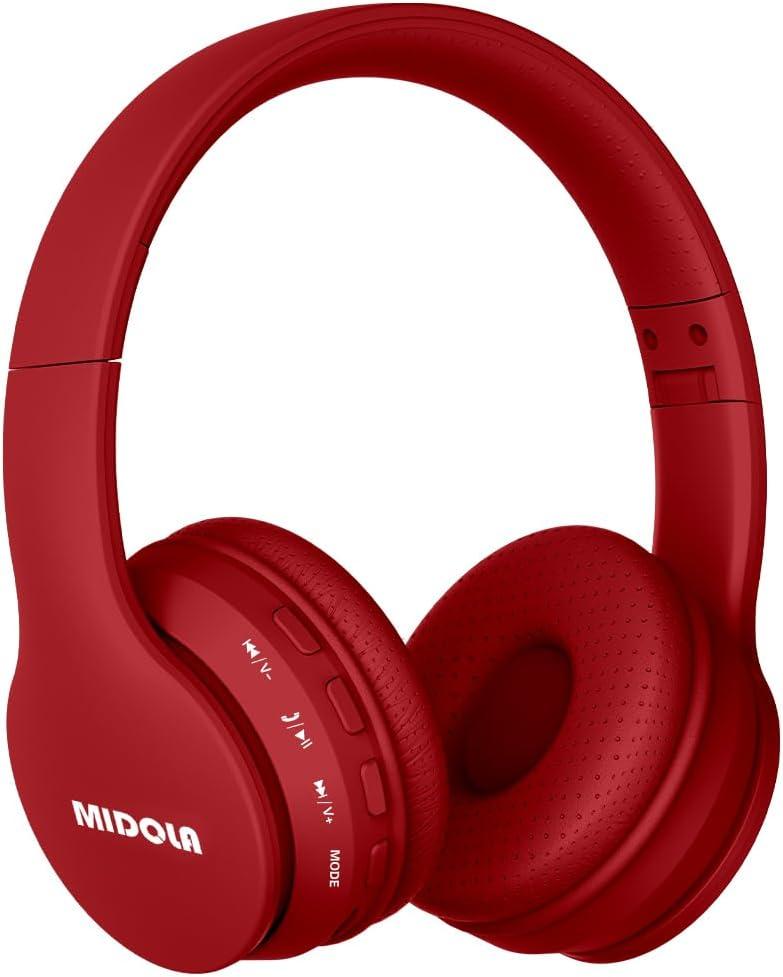 MIDOLA Kids Headphones Bluetooth 5.3 Wireless 60H Play Time Volume Limit 85/110dB Over Ear Foldable Protection Headset/Wired AUX Cord Mic for Children Boy Girl Travel School Phone Pad Tablet Red