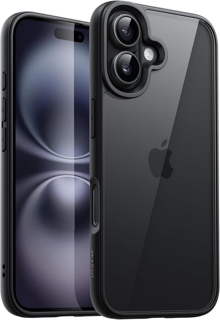 JETech Case for iPhone 16 6.1-Inch, Shockproof Phone Bumper Cover, Solid Color Matte TPU Frame, Anti-Scratch Clear Back (Black)