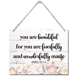 Bible Verse Printed Wood Plaque Sign Wall Hanging, Home Wall Decor You Are Fearfully & Wonderfully Made Scripture Rustic Hanging Wall Plaque Wood Signs, Psalm 139:14 Christian Sign