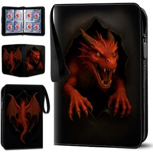Trading Card Albums with Zipper - 4 Pocket Double Sided Collection Binder for 400 Cards, Durable Scratch-Resistant PU Cover, Trading Card Sleeves for 3 Ring Album, for MTG & Game Cards (Fire Dragon)