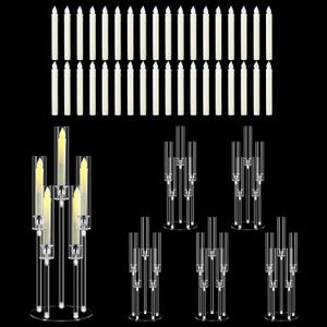 6 Set 5 Arms Acrylic Candelabra Centerpieces for Wedding Table Decorations,Clear Candlesticks Holder with Acrylic Shade for Valentine's Day Dinner Party Fireplace Gift with LED Candle