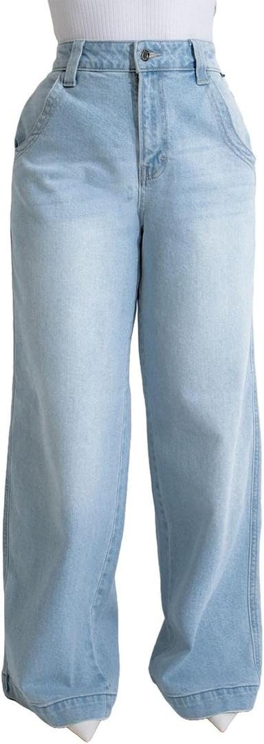 FairBeauty Women's Straight Leg High Waist Baggy Denim Jeans Loose Boyfriend Casual Stretchy Jeans (Large, C-light Blue)