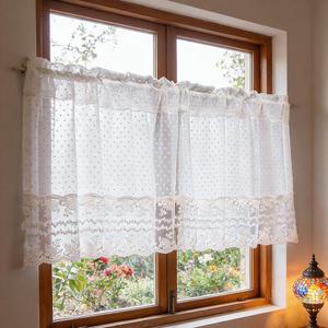 White Pom Pom Lace Sheer Curtain Valance for Kitchen Windows French Floral Lace Sheer Half Curtains for Dining Room Living Room Elegant Pompom Sheer Valance Rod Pocket 1 Panel (W59 L20 inch,White)