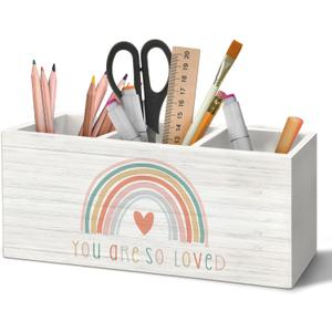 You Are So Loved Rainbow Pen Holder Organizer for Desk Accessories, Inspirational Wooden Box Desk Decorations for School Kids Room Bedroom Classroom Decor, Rainbow Classroom Decor