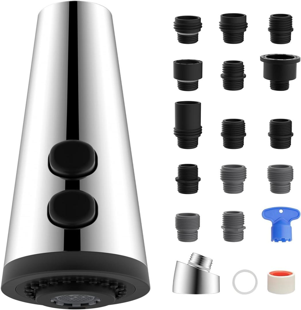 4 Function Kitchen Faucet Head Replacement Universal Pull Down Kitchen Sink Faucet Sprayer Head with 15 Adapters Compatible with American Standard/Kohler/Moen/Delta, Chrome