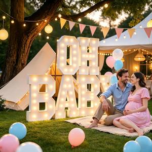 3FT/4FT Large-Sized Illuminated Letter Logo OH Baby, LED Light Decoration, Warm Color, Including complimentary Balloons, Party Event Decoration, Baby Party Theme (3FT OH Baby+ Balloons)