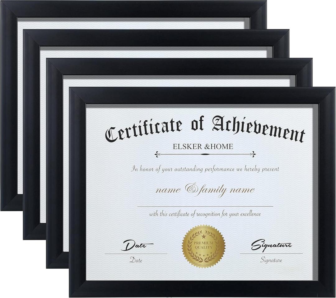 ELSKER&HOME 8.5x11 Picture Frame - Black Sturdy Wood Composite Certificate Frame - Semi-Tempered Glass - Includes Hanging Hardware and Desktop Easel - for Document/Diploma Frame (4 Pack)