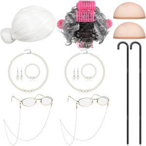 Yingzhao 14 Pcs Old Lady Wig Granny Costume Includes Granny Wigs Glasses with Chain Walking Cane Necklace Earrings Bracelet(Elegant Style)