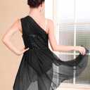 AFAVOM Women's Lyrical Dance Costume Sequin Flower Lyrical Dress Asymmetric Flowy Tulle Skirt Contemporary Dance Costumes (Black, XL)