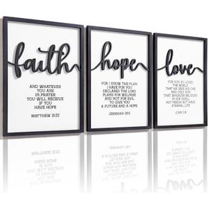 3D Wood Faith Hope Love Wall Decor, Christian Wall Art Bible Verses Wall Decor Scripture Wall Art for Bedroom Bathroom Kitchen Living Room Office(12x16 inches, Set of 3, Framed)