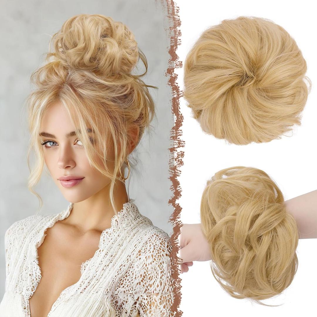 FESHFEN Large Messy Bun Hair Piece - Wavy Synthetic Chignon Scrunchies Elastic Ponytail Hair Extensions Thick Hairpieces for Women, Champagne Blonde 1.94oz