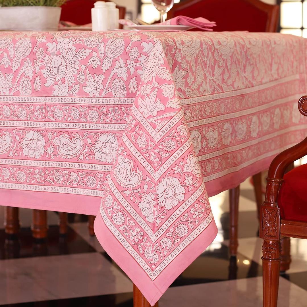 Labhanshi Indian Handblock Print Floral Table Cloth|100% Cotton Canvas Table Cover |60x90 Inch 6-Seater Rustic Farmhouse Boho Spring Easter Festive Holiday Decor for Dining Table|Pink Rose