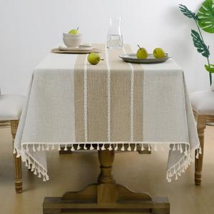 Softalker Outdoor Tablecloth Rectangle, Waterproof Linen Cotton Farmhouse Table Cloths with Tassel, Heavy Weight Wrinkle Free Boho Table Cover for Picnic Camping Dining - 55 x 70 Inch, Coffee Lines