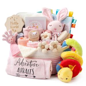 Baby Shower Gifts for Girls, 24 Piece Deluxe Baby Shower Gift Basket - Baby Girl Gift Basket with Swaddle, Rattle, Bath Towel, Brush, Car Seat Activity Toy & Milestone Cards for New Mom(Pink)
