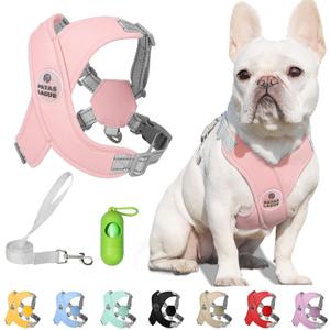 Patas Lague Dog Harness with Leash Set Adjustable Soft Padded Step-in Dog Vest No Choke No Pull Reflective for Small Medium Pets with Poop Bags and Dispenser, Solid and No-chew, Pink M (M (Neck 19.3-23.3'' Chest 22.5-25.6''))
