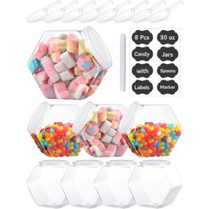 Glazeal 8 Pcs 30oz Plastic Candy Jars with 8 Pcs Spoons, 16 Pcs Label Stickers & 1 Pcs Marker, Hexagon Candy Containers with Lids for Candy Buffet, Kitchen Storage Containers Set (5.2"x4.7"x3")