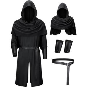 TOKYO REVENGERS Men Medieval Renaissance Pirate Costume Knight Cosplay Outfit LARP Costume Accessories Set (Large, Black)