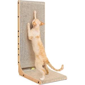 EHEYCIGA Cardboard Cat Scratcher for Indoor Cats, 32 Inch L Shaped Vertical Cat Scratching Board with Ball Cat Toy, Extra Large Cat Scratcher Pad, Brown