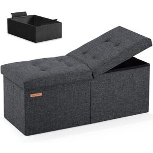 HAUSFRAU 31.5 Inches Ottoman with Storage Bench, Folding Ottoman Bench Small Foot Rest Stool, Bedroom Bench with Flipping Lid, Linen Dark Gray