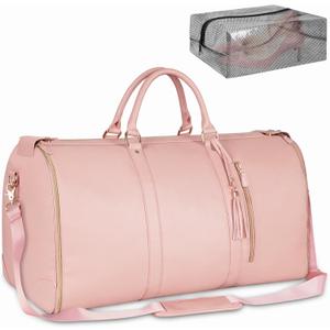 Ytonet Garment Duffle Bags for Travel, Convertible Carry On Garment Bag for Women, Large PU Leather Foldable Travel Bag with Shoe Pouch, 2 in 1 Hanging Suitcase Dress Suit Travel Bags, Pink