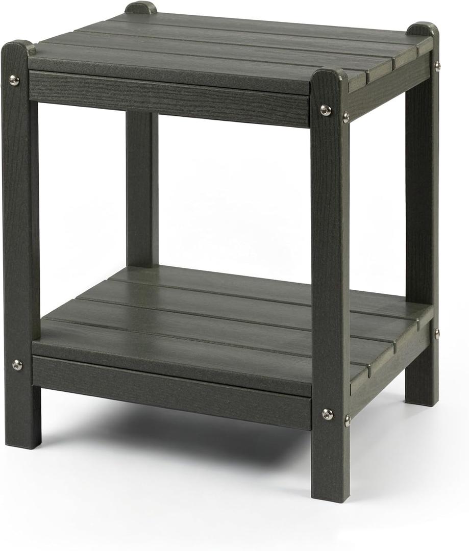 Heavy Duty Outdoor Side Table with Shelf - All-Weather HDPE End Table with Realistic Wood Grain, 20" Height for Patio & Deck (Gray)