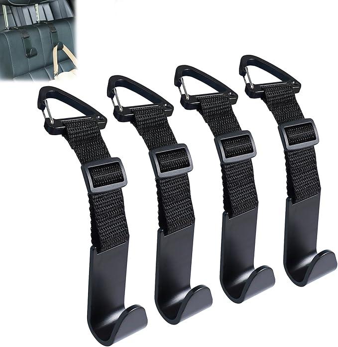 Headrest Hooks for Car Adjustable 4 Pack Vehicle Seat Back Organizer Storage Hanger Holder for Purse Bags Universal Fit with Clip Black