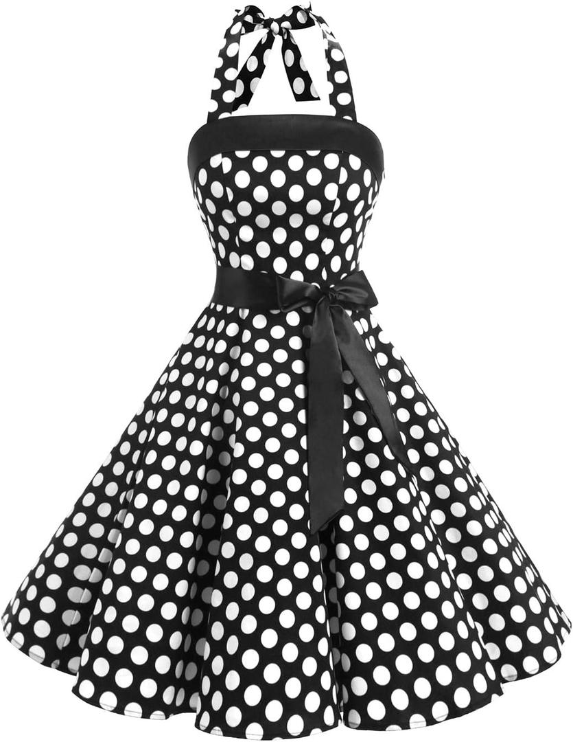 Vintage Dress for Women 1950s Halter Retro Cocktail Dresses Audrey Hepburn Style Rockabilly Swing Dress (Medium, Big Black White)