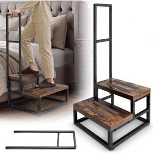 Step Stool with 2 Handles – Includes Extra Removable Handle for Double-Sided Support, Anti-Slip Wooden Platform, Heavy-Duty for High Bed, Kitchen, Bathroom