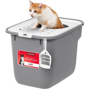 IRIS USA Cat Litter Box Large Top Entry with Lid, Enclosed Litter Box with Litter Catching Lid & Scoop, Covered Cat Litter Box Enclosure for Privacy, High Sided, Gray/White
