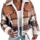 CHICME Womens Plaid Fleece Jacket Long Sleeve Sherpa Lined Winter Jackets Warm Coat (X-Large, Khaki)