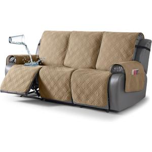 TAOCOCO 100% Waterproof Recliner Sofa Cover, Non Slip Split Couch Covers for Reclining Couches with Elastic Straps, Washable Reclining Sofa Cover Furniture Protector for Kids Pets(3 Seater, Camel)