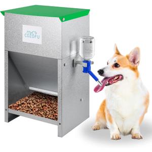 Automatic Gravity-Fed Dog Feeder with Water Bowl - Galvanized Steel Indoor/Outdoor Pet Food Station - 25lb Heavy-Duty Kibble Dispenser for All Dog Sizes (Green (Kettle))
