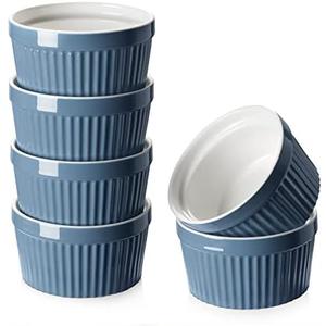 DOWAN 8 oz Porcelain Ramekins Bowls for Souffle, Creme Brulee, Classic Style Ramekins for Baking Oven Safe, Set of 6, Airy Blue