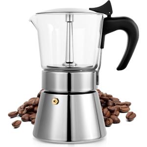 Suiitat Induction Moka Pot, 9 Cups (15.9 oz) Crystal Glass-Top & Stainless Steel Moka Pot, Classic Stovetop Espresso Maker, Silver