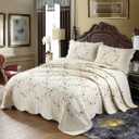Vctops 3-Piece Floral Embroidered Bedspread Coverlet Set Twin Size 100% Cotton Reversible Patchwork 1 Quilt and 2 Pillow Shams (Flower,Twin)