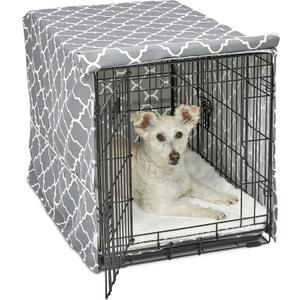 New World Medium Dog Crate Cover Featuring Teflon Fabric Protector, Poly-Cotton Privacy Kennel Cover Fits Most 30-inch Crates, Gray Designer Print, Machine Washable, Reduces Barking