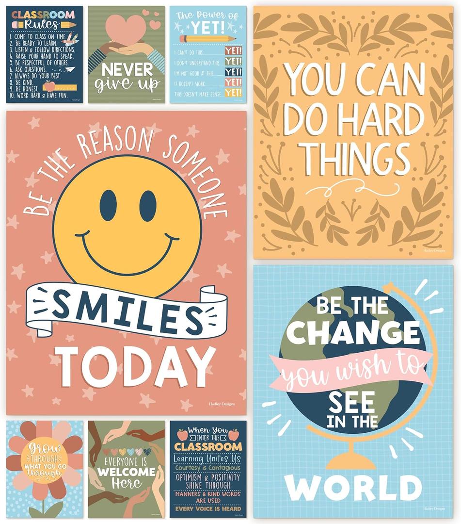 Hadley Designs Motivational Poster for Classroom Decor - 9 Growth Mindset Classroom Posters Elementary, Inspirational Wall Decor Middle School, Teacher Must Haves, Retro Bulletin Board Decorations