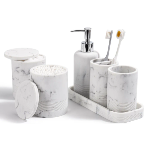 ZCCZ Beige Bathroom Accessories Set 6 Pieces - Toothbrush Holder, Lotion Dispenser, Qtip Container, Vanity Tray, Tumbler - Countertop Organizer for Bathrooms - Elegant and Functional Décor Set