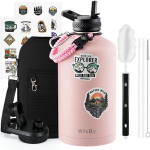 WixByti One Gallon Water Bottle Insulated, Triple Wall Vacuum Cold for 48 Hrs & Leak-proof & Non-BPA, 128oz Large Sports Stainless Steel Water Jug with Paracord Handle Straw Spout Lids & DIY Stickers