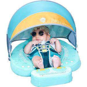 Mambobaby Float with Canopy UPF 50+ Sun Protection Add Tail Non-Inflatable Solid Baby Pool Swim Float Mambo Smart Swim Trainer Infant Float Swim Ring for Baby Aged 3-24 Months (Monster Green)